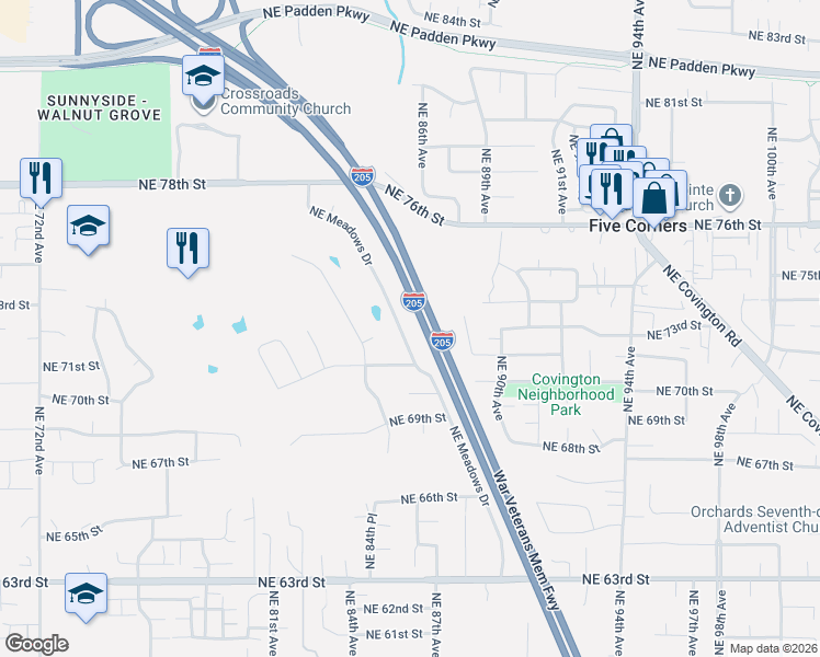 map of restaurants, bars, coffee shops, grocery stores, and more near 7203 Northeast Meadows Drive in Vancouver