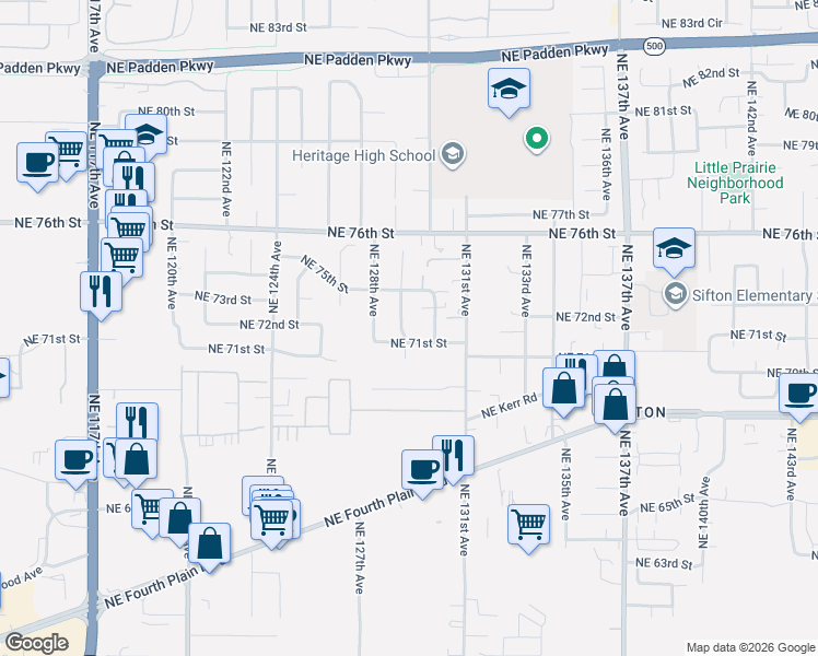 map of restaurants, bars, coffee shops, grocery stores, and more near 7209 Northeast 129th Avenue in Vancouver