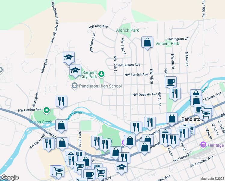 map of restaurants, bars, coffee shops, grocery stores, and more near 1204 Northwest Despain Place in Pendleton