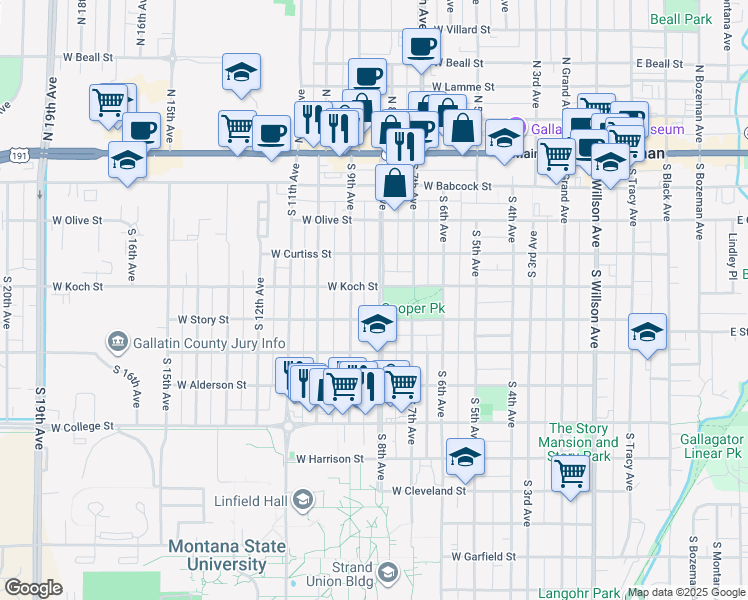 map of restaurants, bars, coffee shops, grocery stores, and more near 409 South 8th Avenue in Bozeman