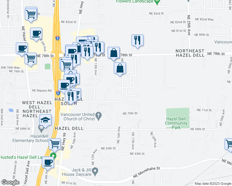 map of restaurants, bars, coffee shops, grocery stores, and more near 7302 Northeast 16th Avenue in Vancouver