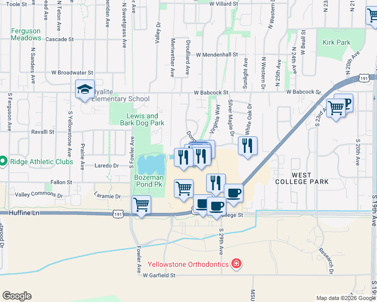 map of restaurants, bars, coffee shops, grocery stores, and more near 337 Magdalene Way in Bozeman