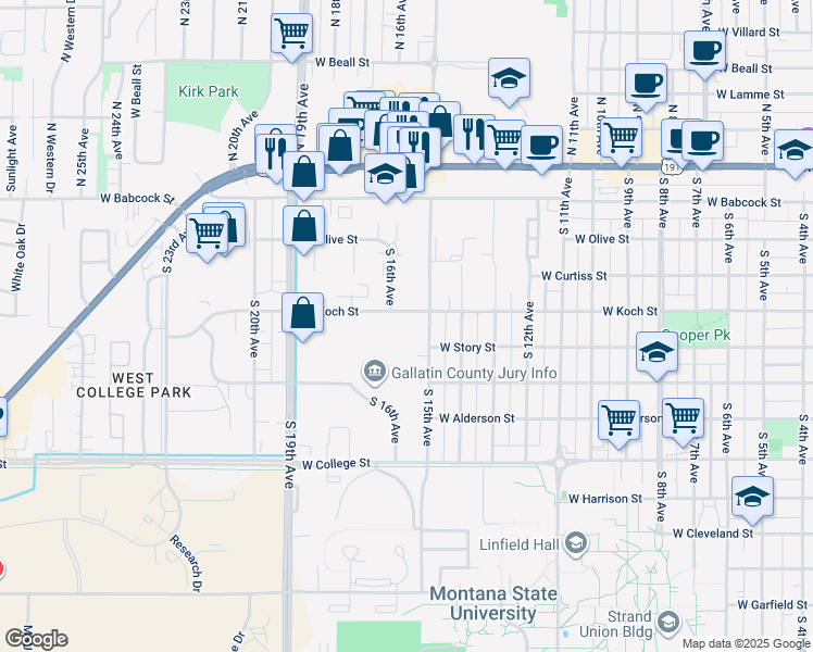 map of restaurants, bars, coffee shops, grocery stores, and more near 1520 West Koch Street in Bozeman
