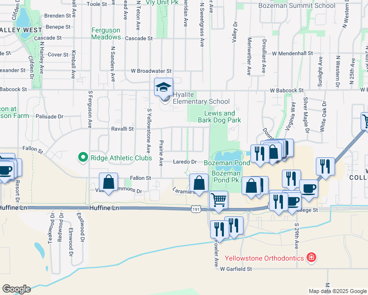 map of restaurants, bars, coffee shops, grocery stores, and more near 406 Treasure Avenue in Bozeman