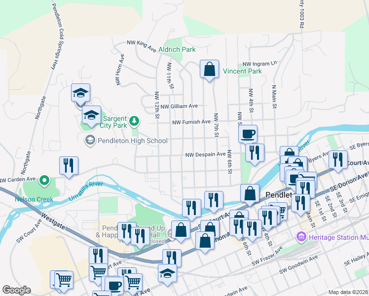 map of restaurants, bars, coffee shops, grocery stores, and more near 312 Northwest 10th Street in Pendleton