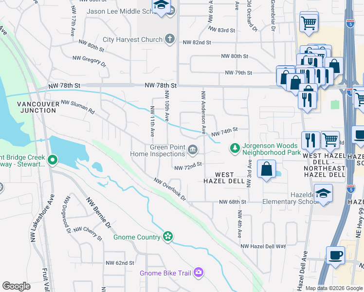 map of restaurants, bars, coffee shops, grocery stores, and more near 804 Northwest Sluman Road in Vancouver