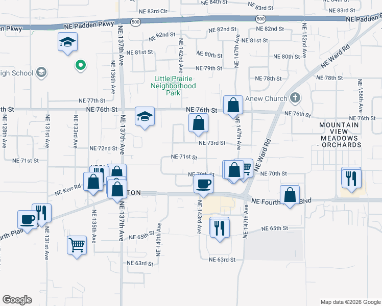 map of restaurants, bars, coffee shops, grocery stores, and more near 14216 Northeast 71st Street in Vancouver