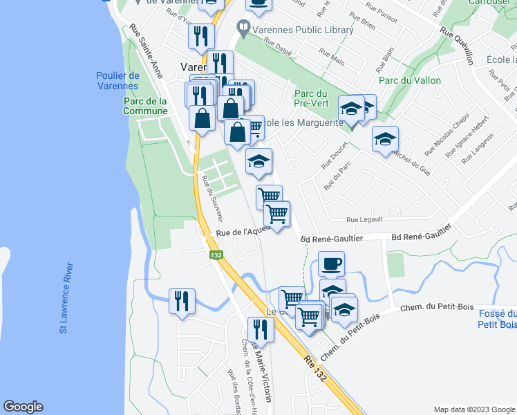 map of restaurants, bars, coffee shops, grocery stores, and more near 62 Rue de l'Aqueduc in Varennes