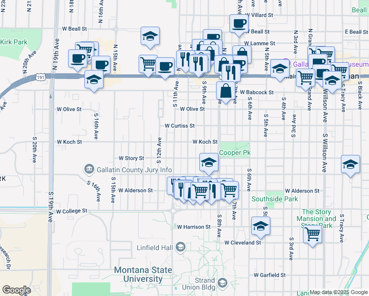 map of restaurants, bars, coffee shops, grocery stores, and more near 407 South 10th Avenue in Bozeman