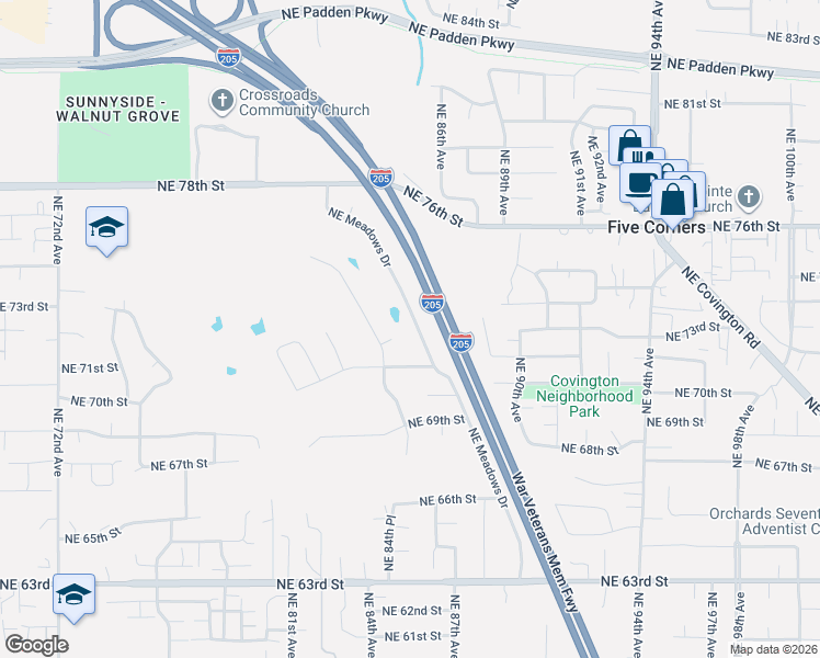 map of restaurants, bars, coffee shops, grocery stores, and more near 7206 Northeast Meadows Drive in Vancouver