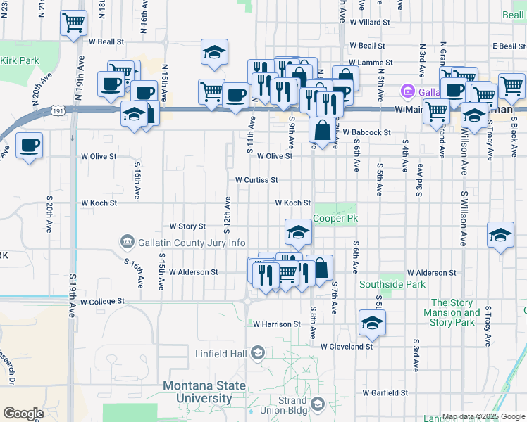map of restaurants, bars, coffee shops, grocery stores, and more near 407 South 10th Avenue in Bozeman