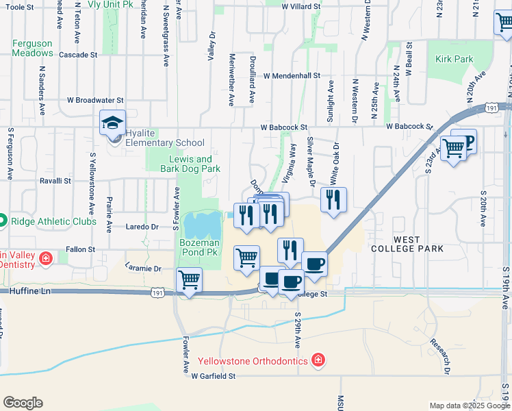 map of restaurants, bars, coffee shops, grocery stores, and more near 351 Magdalene Way in Bozeman