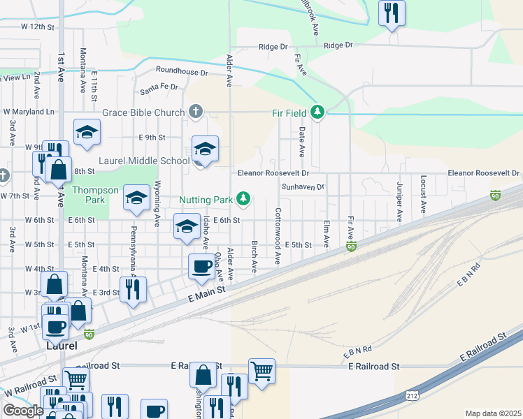 map of restaurants, bars, coffee shops, grocery stores, and more near 609 Birch Avenue in Laurel