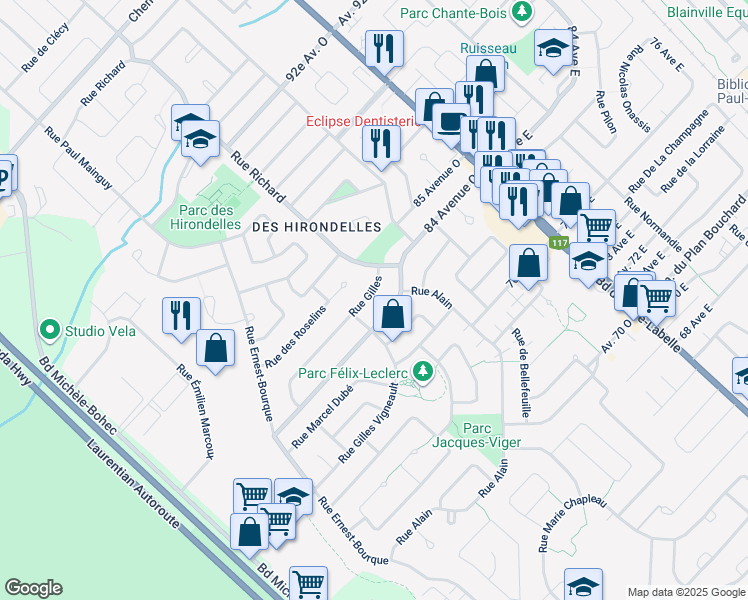 map of restaurants, bars, coffee shops, grocery stores, and more near 52 Rue Gilles in Blainville