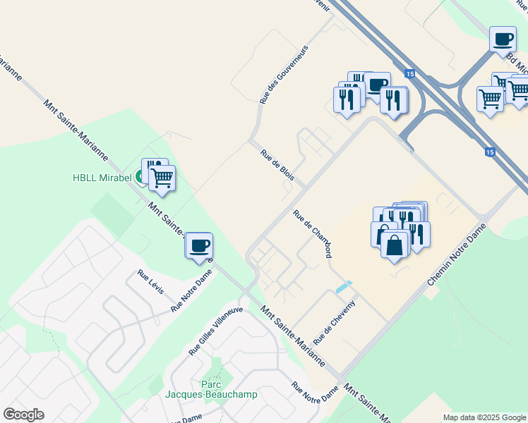 map of restaurants, bars, coffee shops, grocery stores, and more near 17895 Boulevard de Versailles in Mirabel