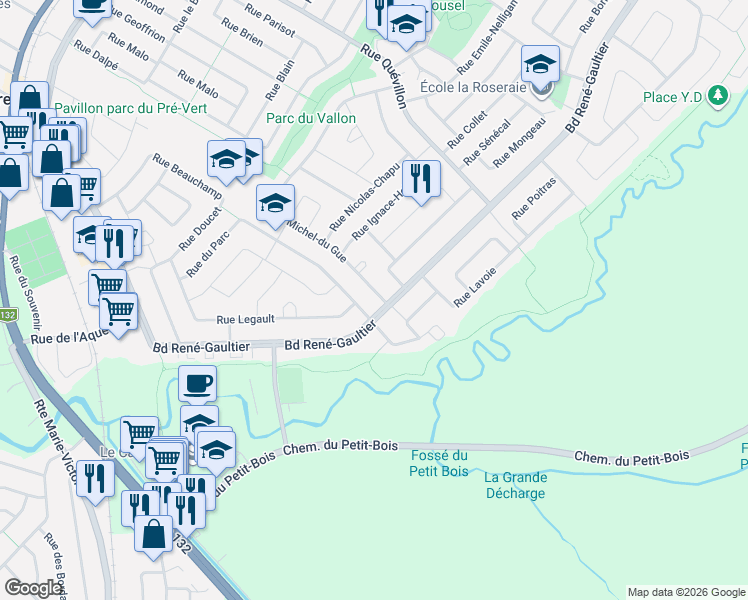 map of restaurants, bars, coffee shops, grocery stores, and more near 103 Rue Michel-du Gue in Varennes
