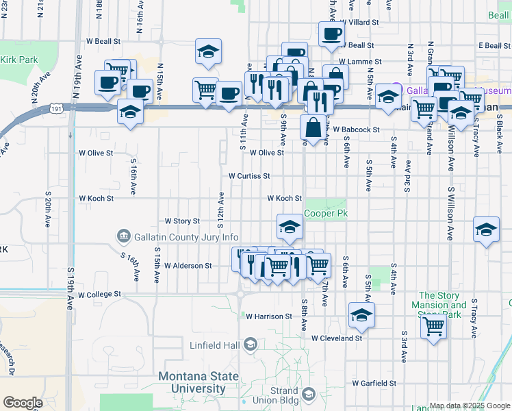 map of restaurants, bars, coffee shops, grocery stores, and more near 407 South 10th Avenue in Bozeman