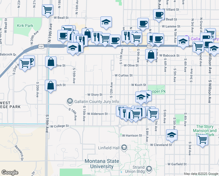 map of restaurants, bars, coffee shops, grocery stores, and more near 408 South 13th Avenue in Bozeman