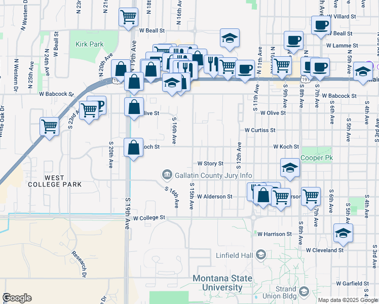map of restaurants, bars, coffee shops, grocery stores, and more near 1420 West Koch Street in Bozeman
