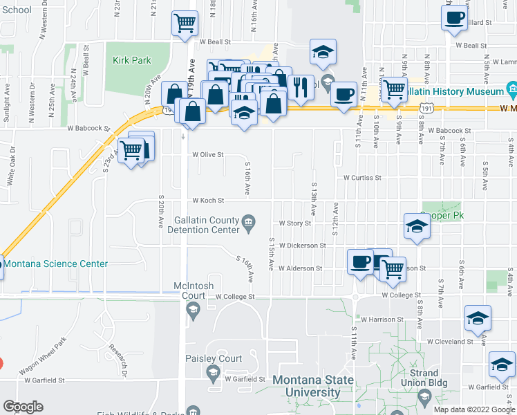 map of restaurants, bars, coffee shops, grocery stores, and more near 1522 West Koch Street in Bozeman
