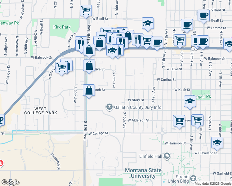 map of restaurants, bars, coffee shops, grocery stores, and more near 1522 West Koch Street in Bozeman