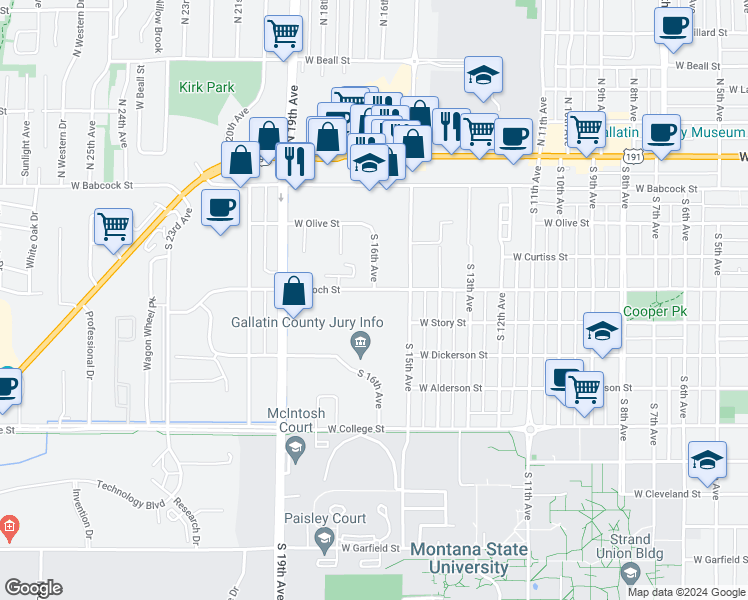 map of restaurants, bars, coffee shops, grocery stores, and more near 1522 West Koch Street in Bozeman