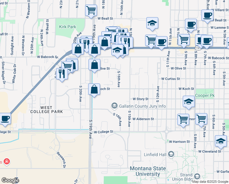 map of restaurants, bars, coffee shops, grocery stores, and more near 1700 West Koch Street in Bozeman