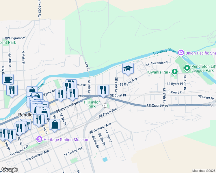 map of restaurants, bars, coffee shops, grocery stores, and more near 920 Southeast Byers Avenue in Pendleton