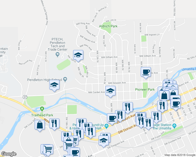map of restaurants, bars, coffee shops, grocery stores, and more near 1204 Northwest Despain Place in Pendleton