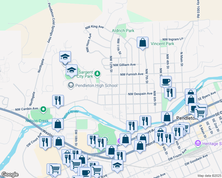 map of restaurants, bars, coffee shops, grocery stores, and more near 1204 Northwest Despain Place in Pendleton