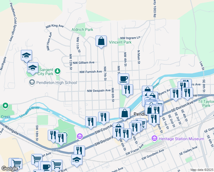 map of restaurants, bars, coffee shops, grocery stores, and more near 312 Northwest 7th Street in Pendleton