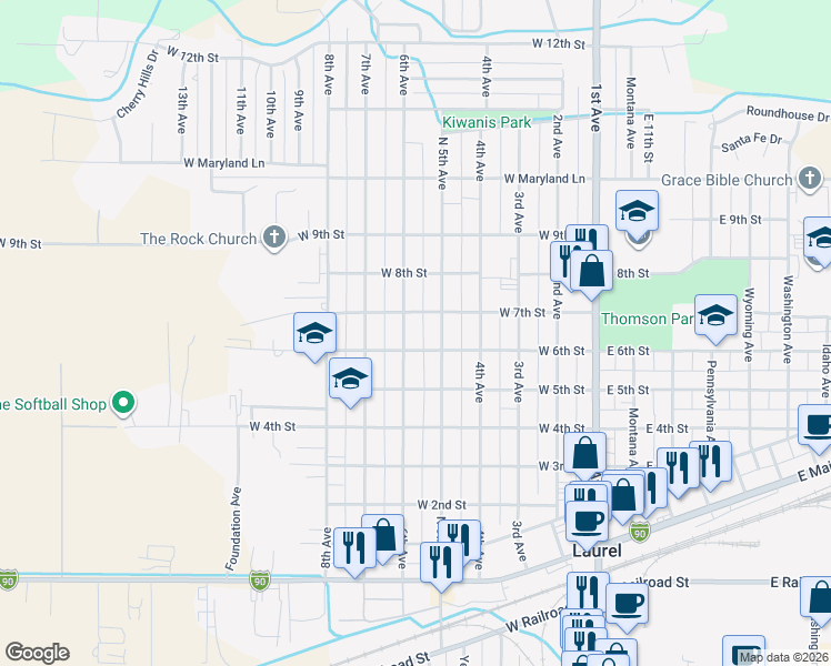 map of restaurants, bars, coffee shops, grocery stores, and more near 609 6th Ave in Laurel