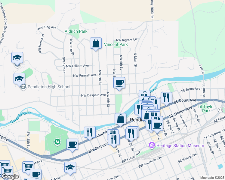 map of restaurants, bars, coffee shops, grocery stores, and more near 309 Northwest 5th Street in Pendleton