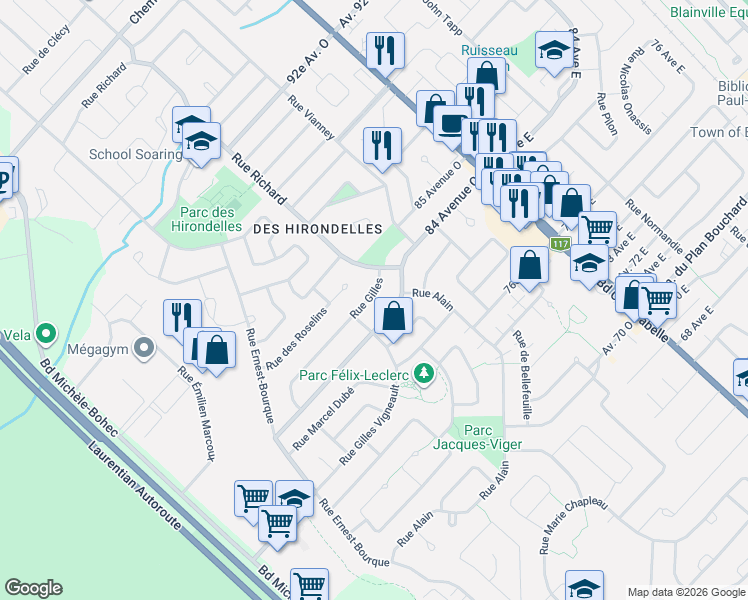 map of restaurants, bars, coffee shops, grocery stores, and more near 52 Rue Gilles in Blainville