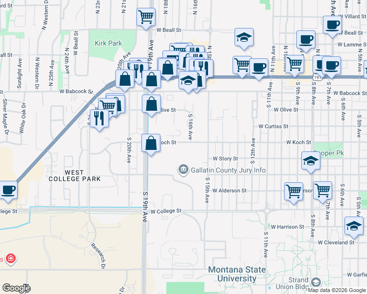 map of restaurants, bars, coffee shops, grocery stores, and more near 1700 West Koch Street in Bozeman