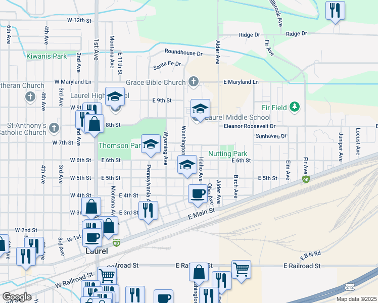map of restaurants, bars, coffee shops, grocery stores, and more near 611 Washington Avenue in Laurel