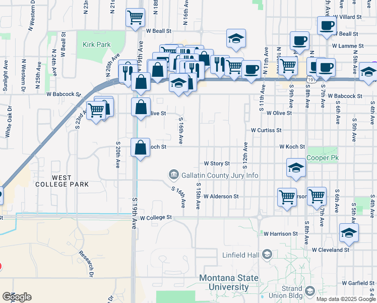 map of restaurants, bars, coffee shops, grocery stores, and more near 1522 West Koch Street in Bozeman