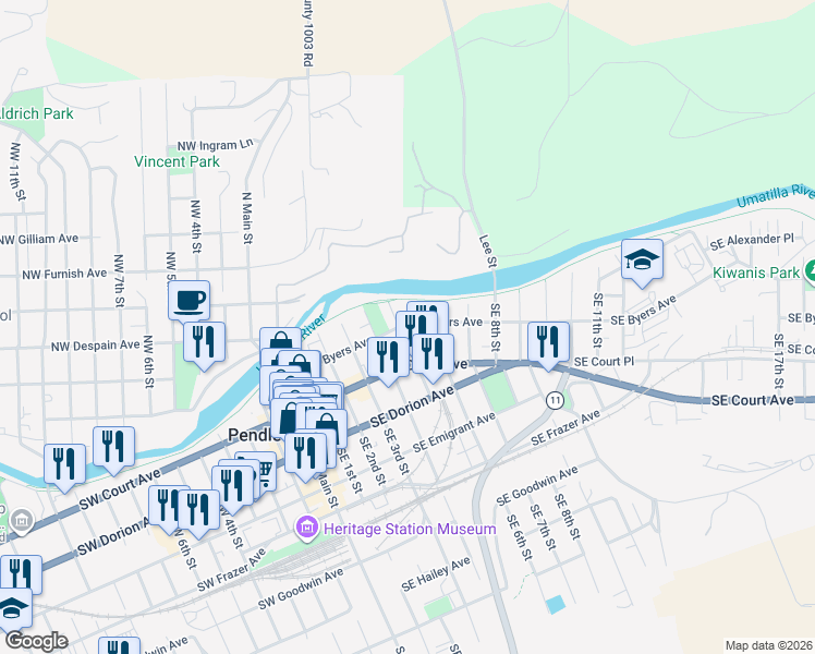 map of restaurants, bars, coffee shops, grocery stores, and more near 46 Southeast 5th Street in Pendleton