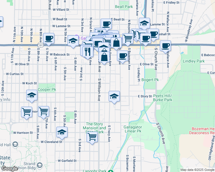 map of restaurants, bars, coffee shops, grocery stores, and more near 405 South Tracy Avenue in Bozeman