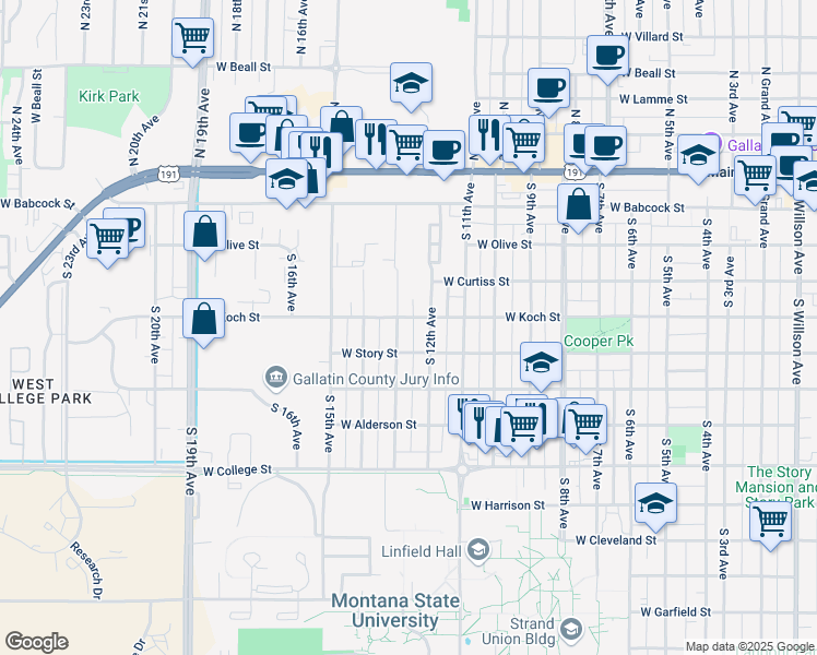 map of restaurants, bars, coffee shops, grocery stores, and more near 408 S 13th Ave in Bozeman