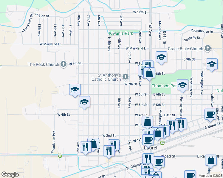 map of restaurants, bars, coffee shops, grocery stores, and more near 609 North 5th Avenue in Laurel