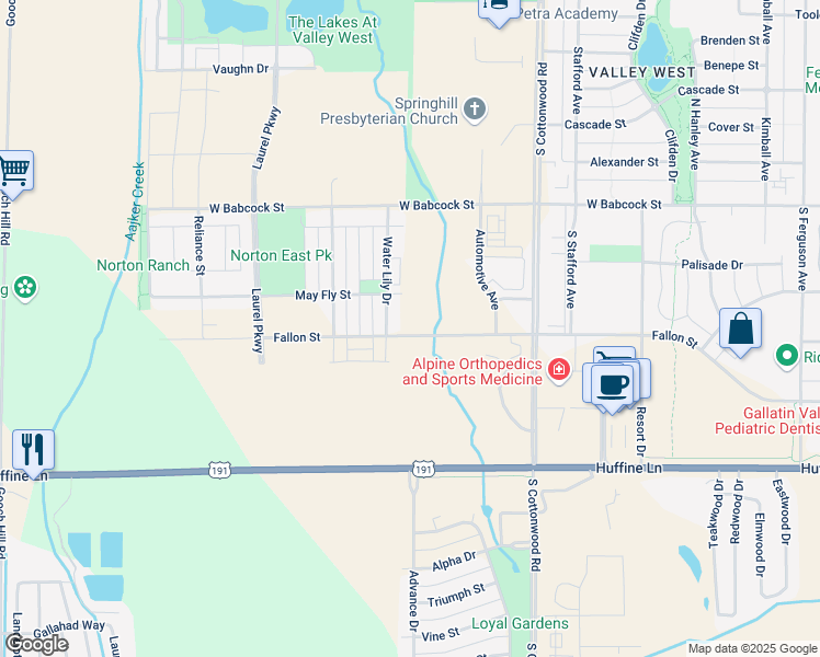 map of restaurants, bars, coffee shops, grocery stores, and more near 5151 Fallon Street in Bozeman