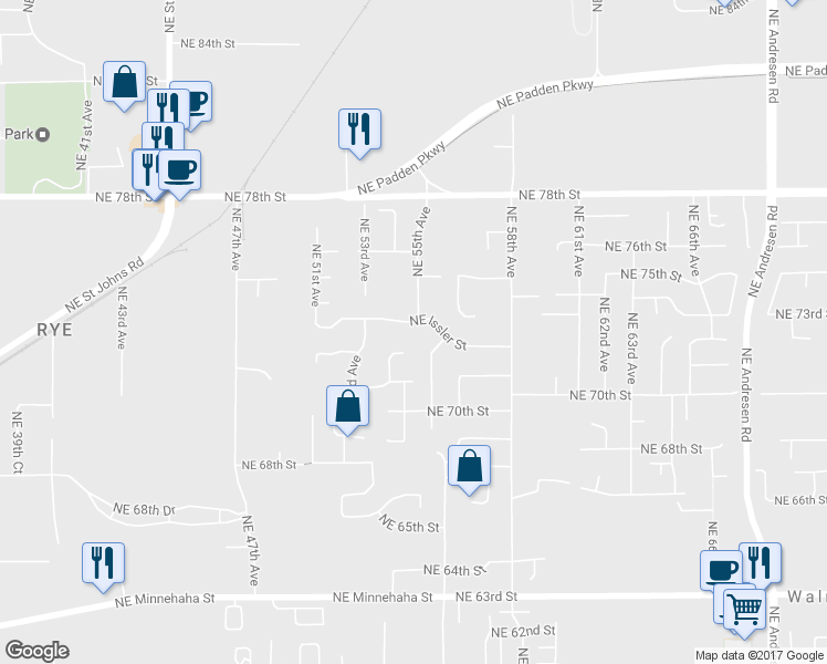 map of restaurants, bars, coffee shops, grocery stores, and more near 5421 Northeast Issler Street in Vancouver