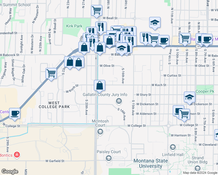 map of restaurants, bars, coffee shops, grocery stores, and more near 1700 West Koch Street in Bozeman