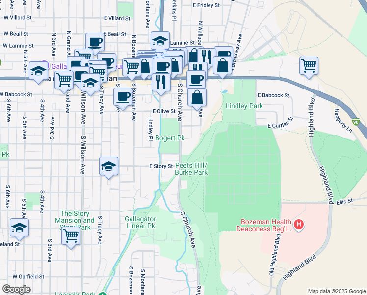 map of restaurants, bars, coffee shops, grocery stores, and more near 336 South Church Avenue in Bozeman