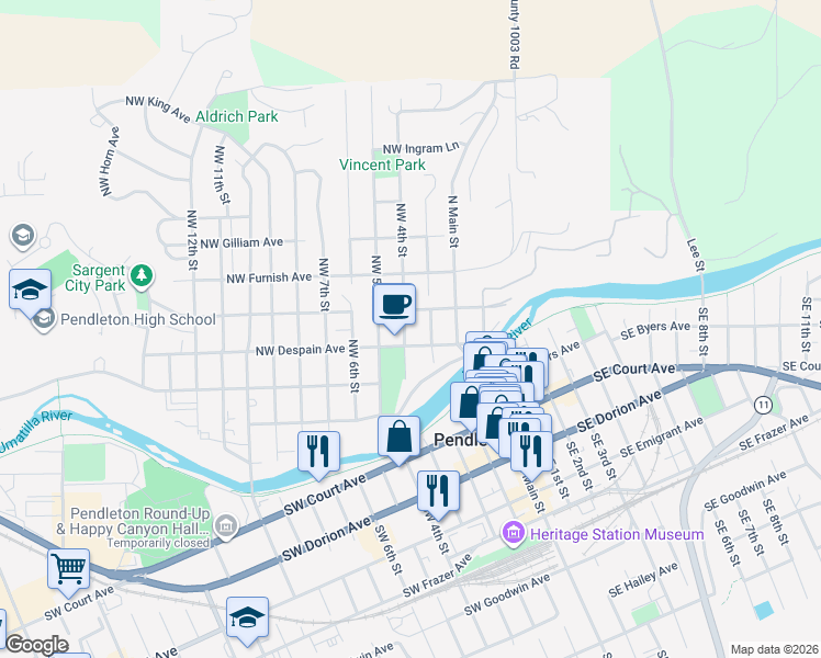 map of restaurants, bars, coffee shops, grocery stores, and more near 312 Northwest 4th Street in Pendleton