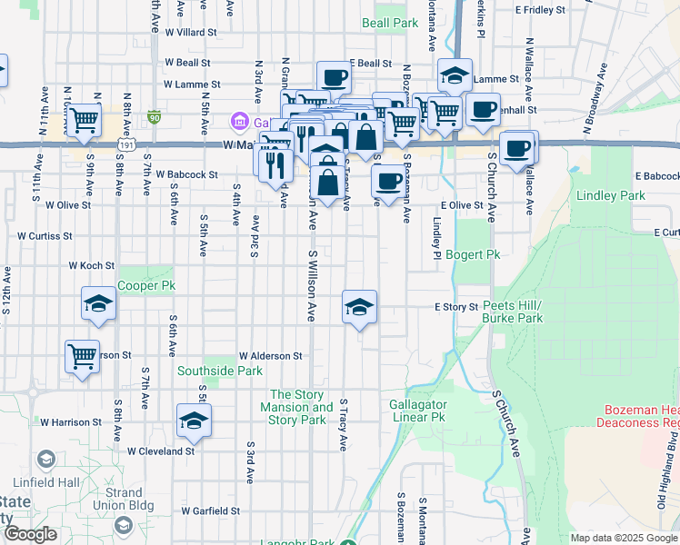 map of restaurants, bars, coffee shops, grocery stores, and more near 405 South Tracy Avenue in Bozeman