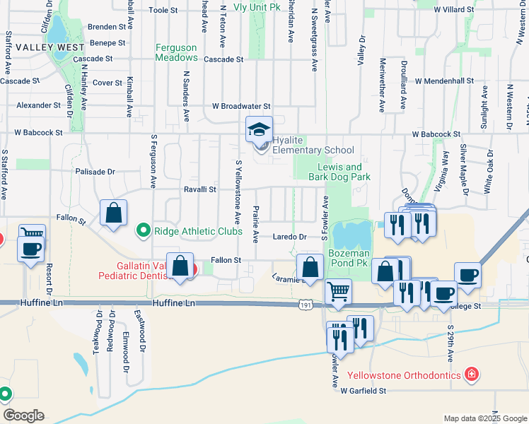 map of restaurants, bars, coffee shops, grocery stores, and more near 401 Powder River Avenue in Bozeman