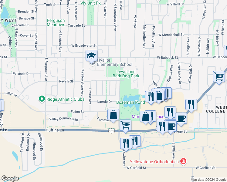 map of restaurants, bars, coffee shops, grocery stores, and more near 403 Golden Valley Drive in Bozeman