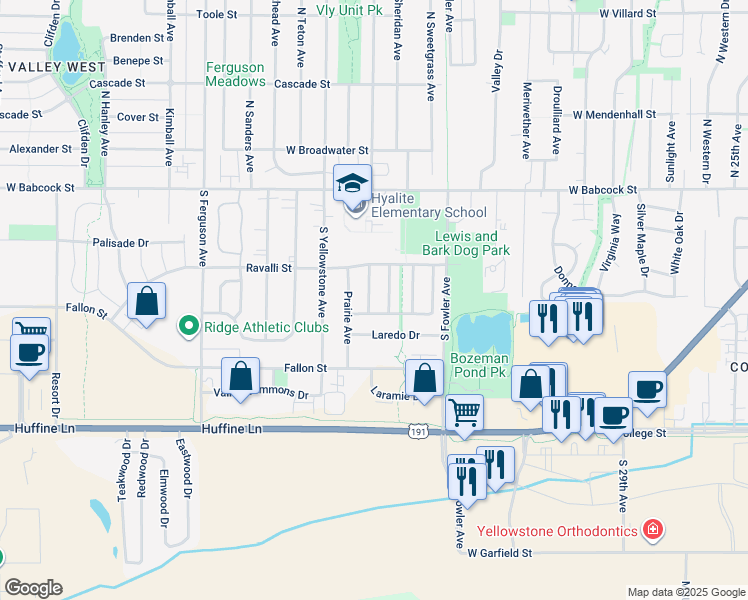 map of restaurants, bars, coffee shops, grocery stores, and more near 400 Powder River Avenue in Bozeman
